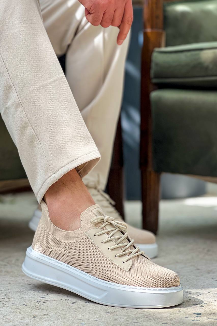 ZRK-X116 Yüksek Kalite Bej Bağcıklı Triko Erkek Sneaker