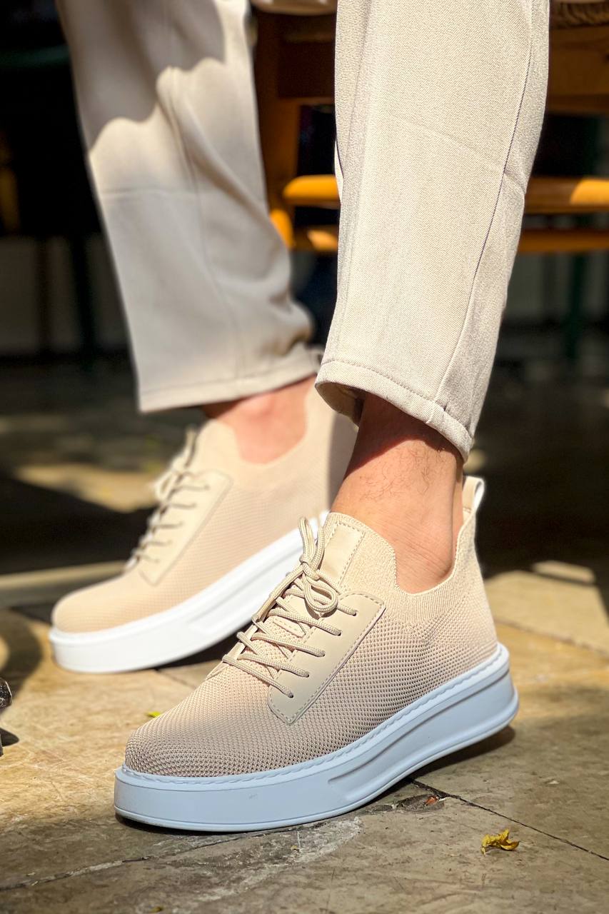 ZRK-X116 Yüksek Kalite Bej Bağcıklı Triko Erkek Sneaker