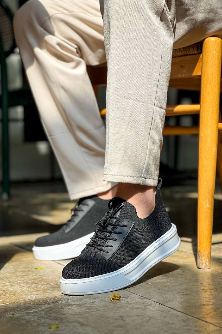 ZRK-116 Siyah Beyaz Triko Bağcıklı Kalın Taban Günlük Erkek Ayakkabı