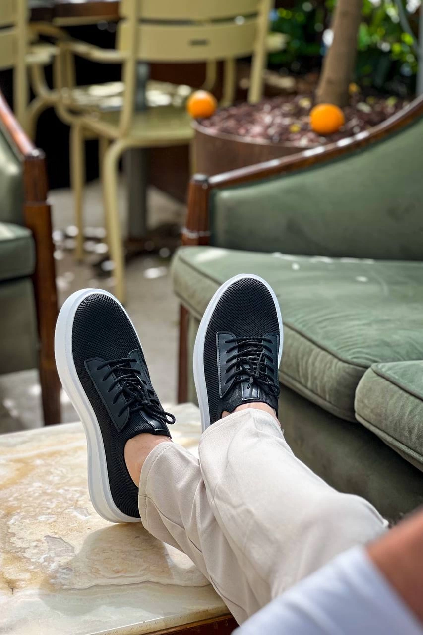 ZRK-116 Siyah Beyaz Triko Bağcıklı Kalın Taban Günlük Erkek Ayakkabı