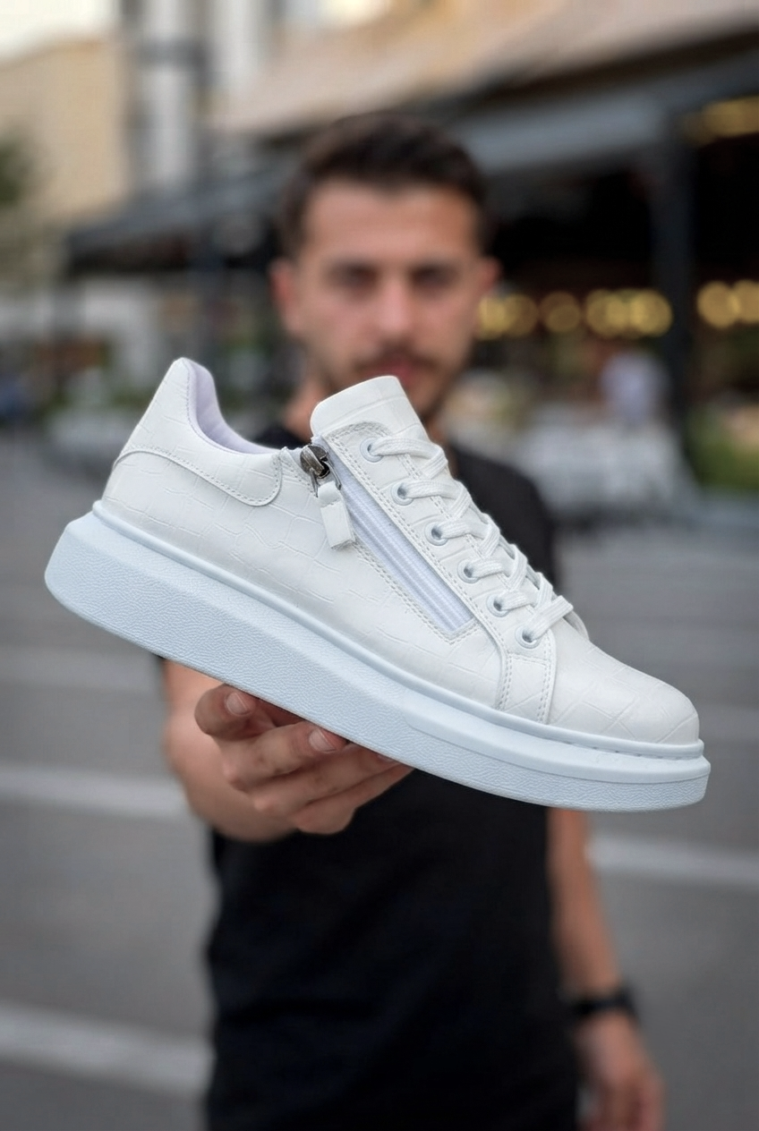 ZRK-X309 Premium Alexandre Beyaz Fermuar ve Bağcıklı Günlük Erkek Sneakers