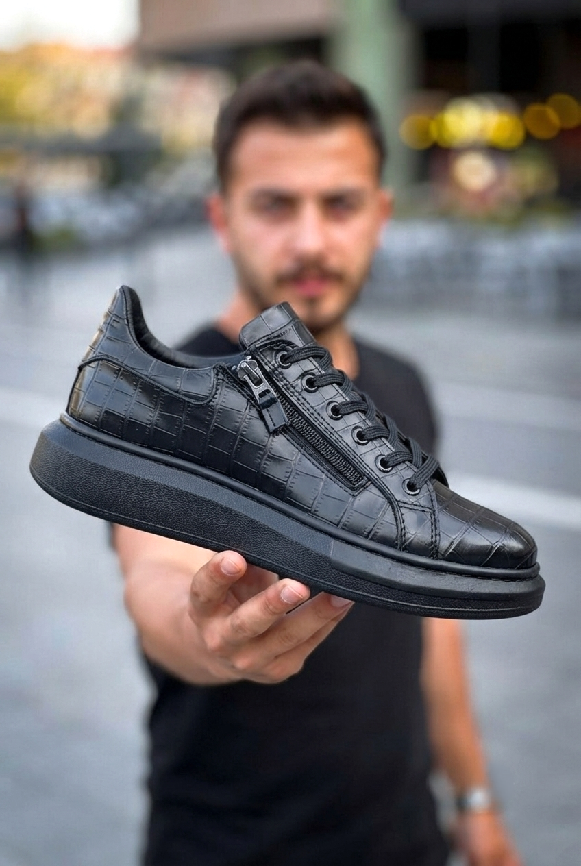 ZRK-X309 Premium Alexandre Siyah Fermuar ve Bağcıklı Günlük Erkek Sneakers
