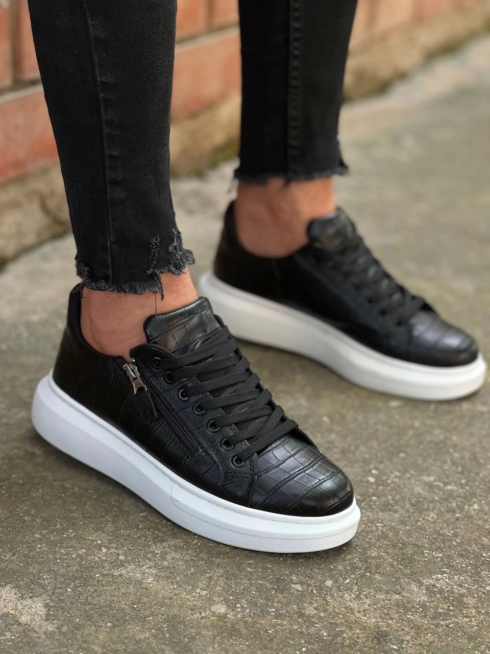 ZR-309 Premium Siyah Beyaz Fermuarlı Bağcıklı Günlük Erkek Ayakkabı