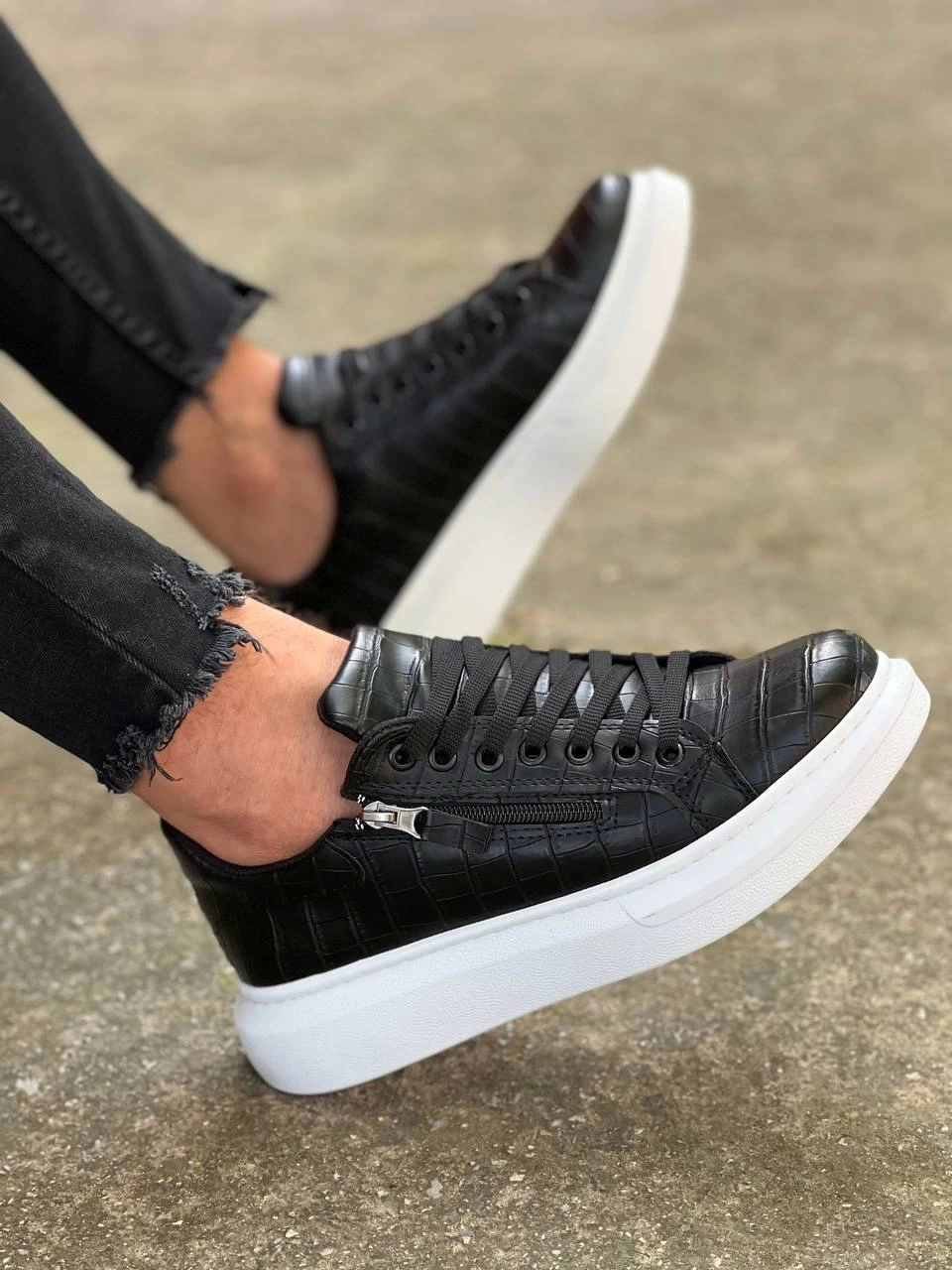 ZR-309 Premium Siyah Beyaz Fermuarlı Bağcıklı Günlük Erkek Ayakkabı