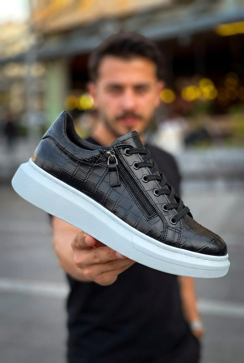 ZRK-X309 Premium Alexandre Siyah Beyaz Fermuar ve Bağcıklı Günlük Erkek Sneakers