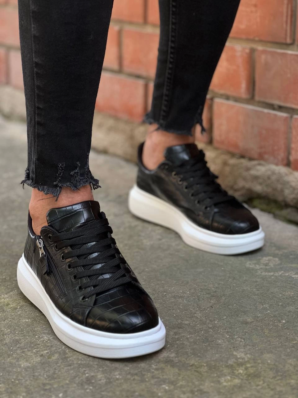 ZR-309 Premium Siyah Beyaz Fermuarlı Bağcıklı Günlük Erkek Ayakkabı