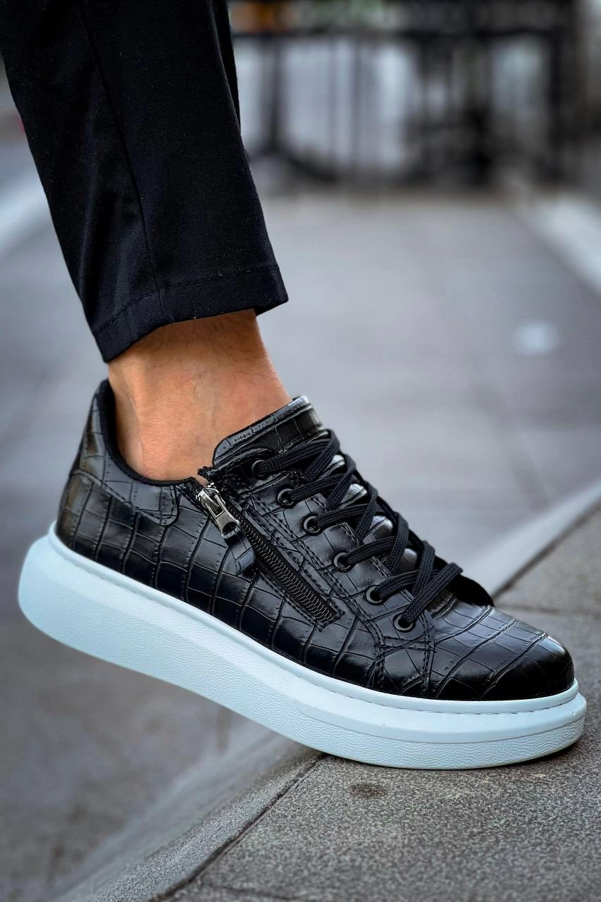 ZR-309 Premium Siyah Beyaz Fermuarlı Bağcıklı Günlük Erkek Ayakkabı