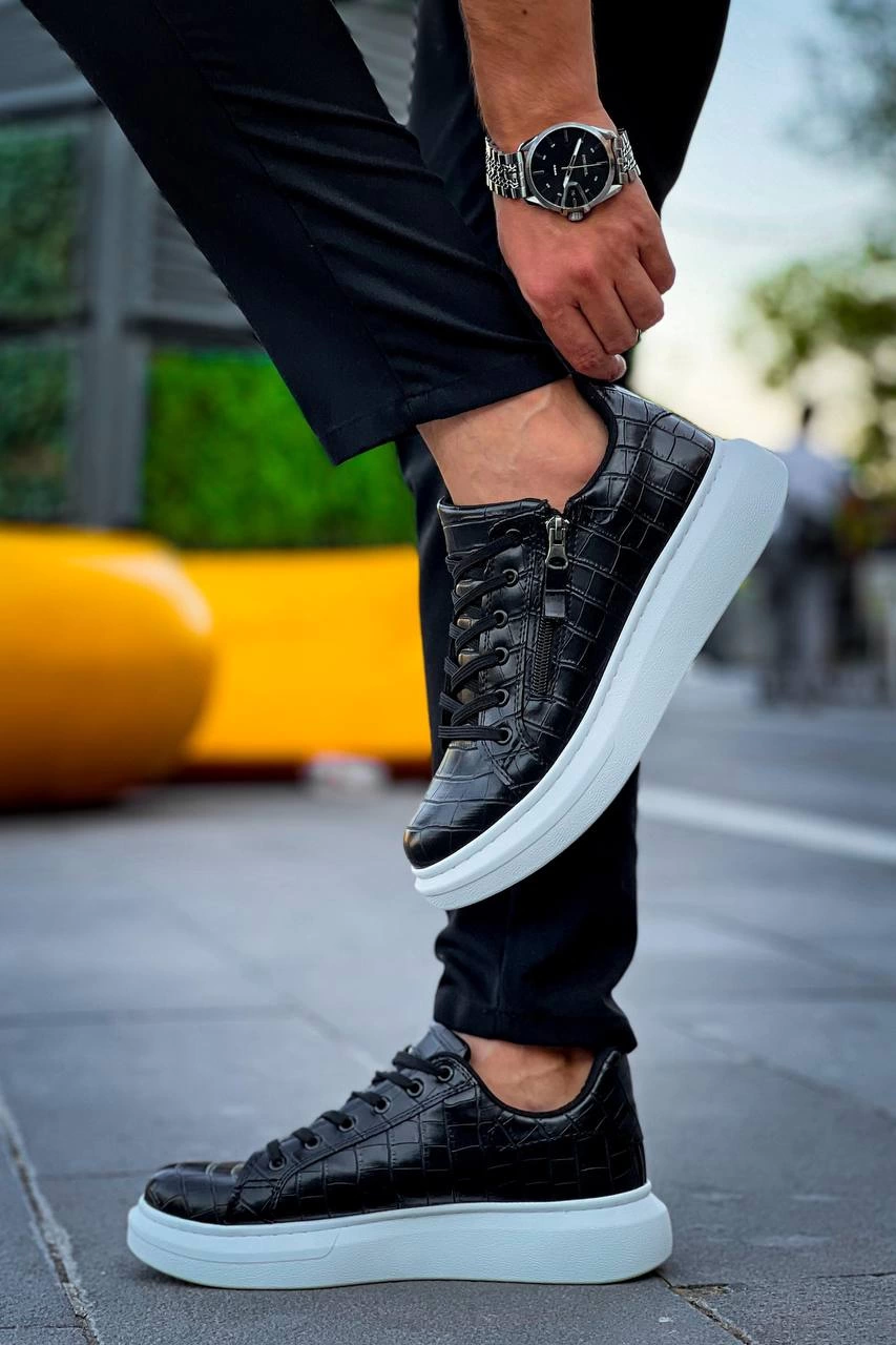 ZR-309 Premium Siyah Beyaz Fermuarlı Bağcıklı Günlük Erkek Ayakkabı