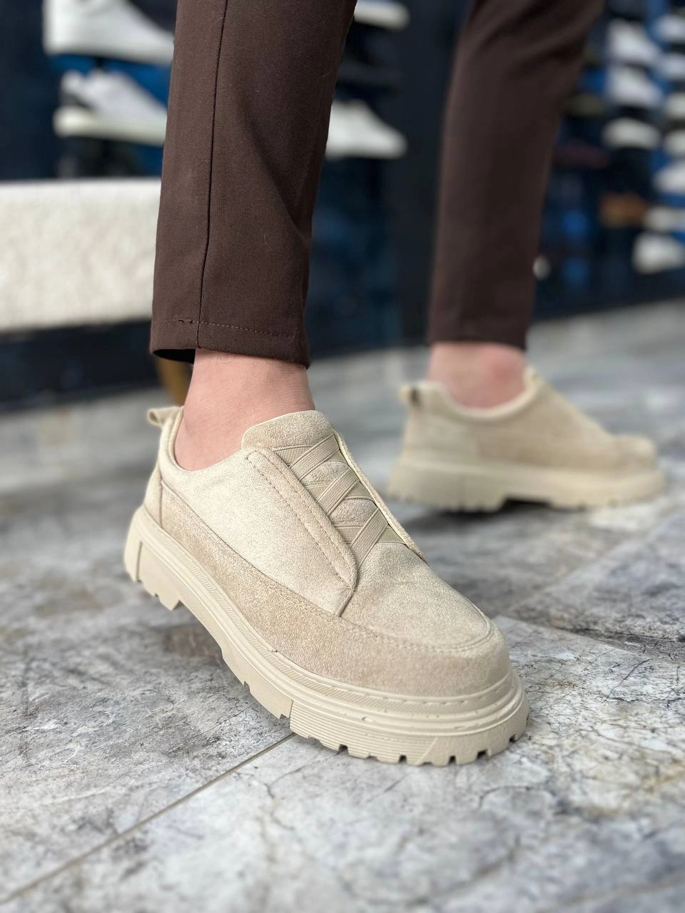 ZRK-703 Premium Bej Süet Lastikli Günlük Erkek Casual Ayakkabı