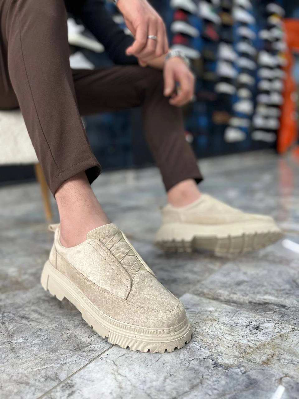 ZRK-703 Premium Bej Süet Lastikli Günlük Erkek Casual Ayakkabı