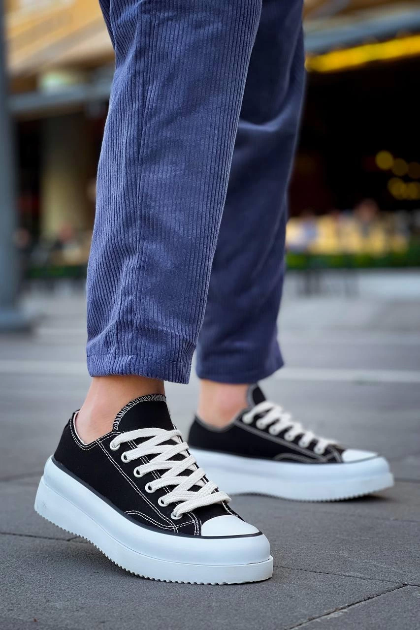 Jasko Kısa Siyah Beyaz Keten Yüksek Taban Erkek Spor Ayakkabı