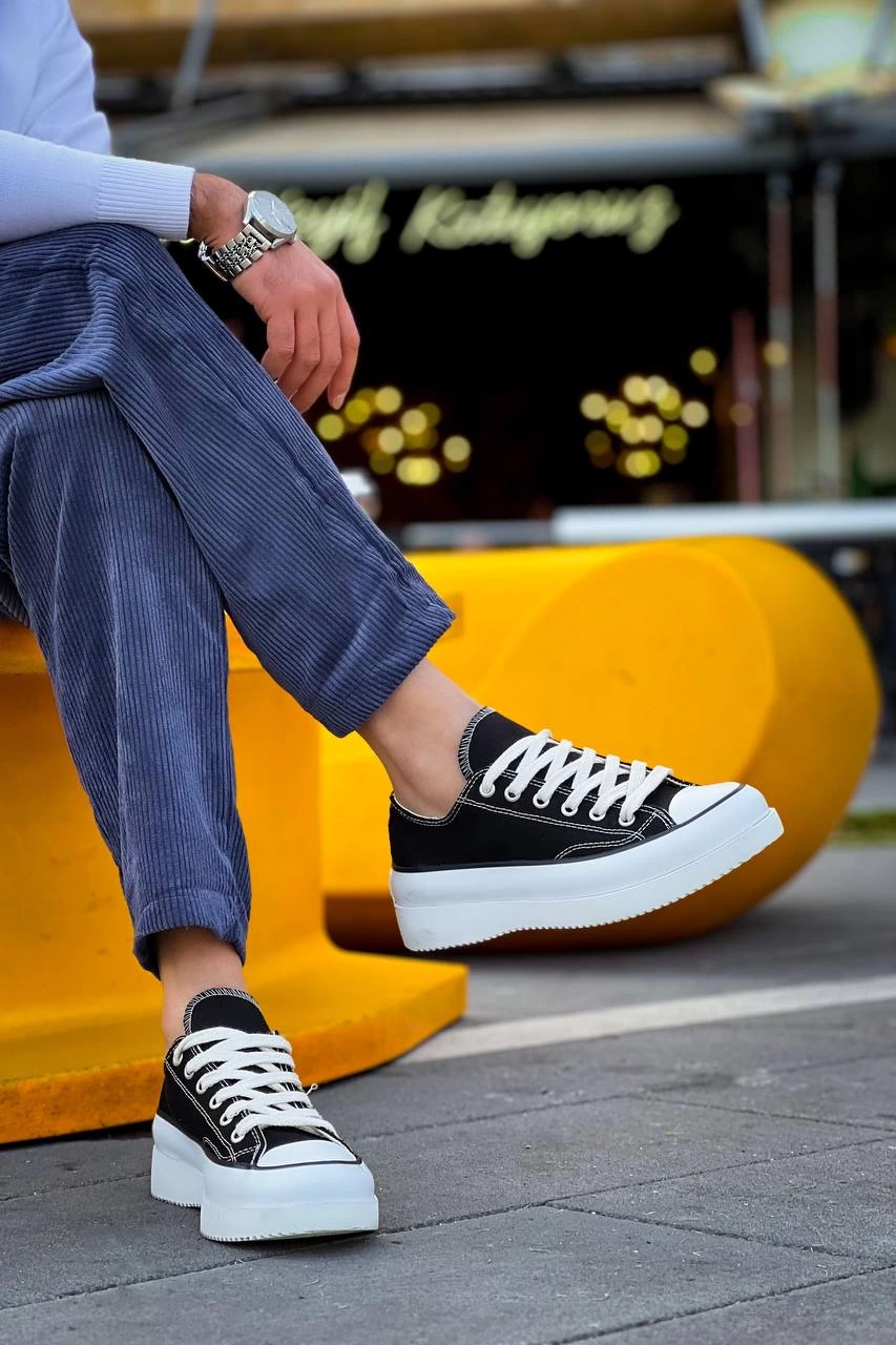 Jasko Kısa Siyah Beyaz Keten Yüksek Taban Erkek Spor Ayakkabı