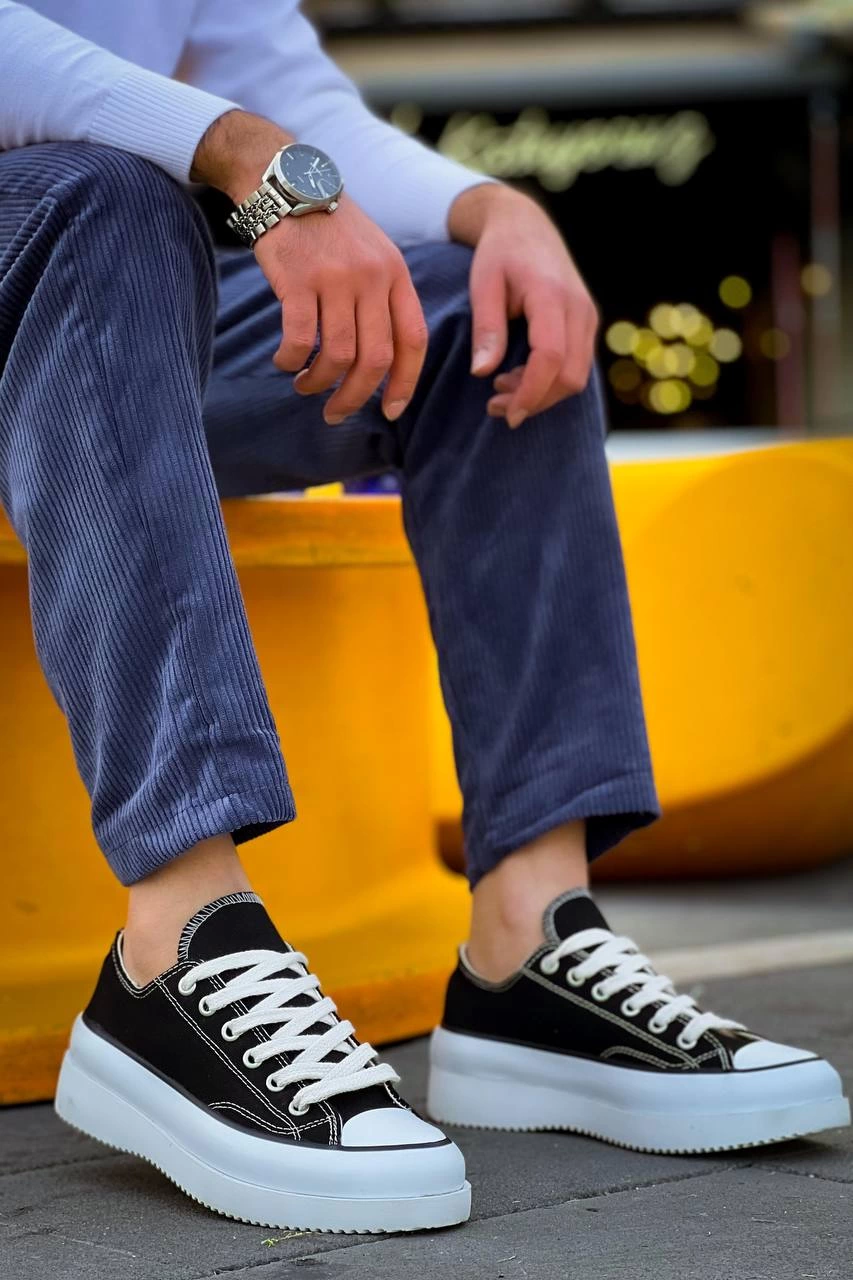 Jasko Kısa Siyah Beyaz Keten Yüksek Taban Erkek Spor Ayakkabı