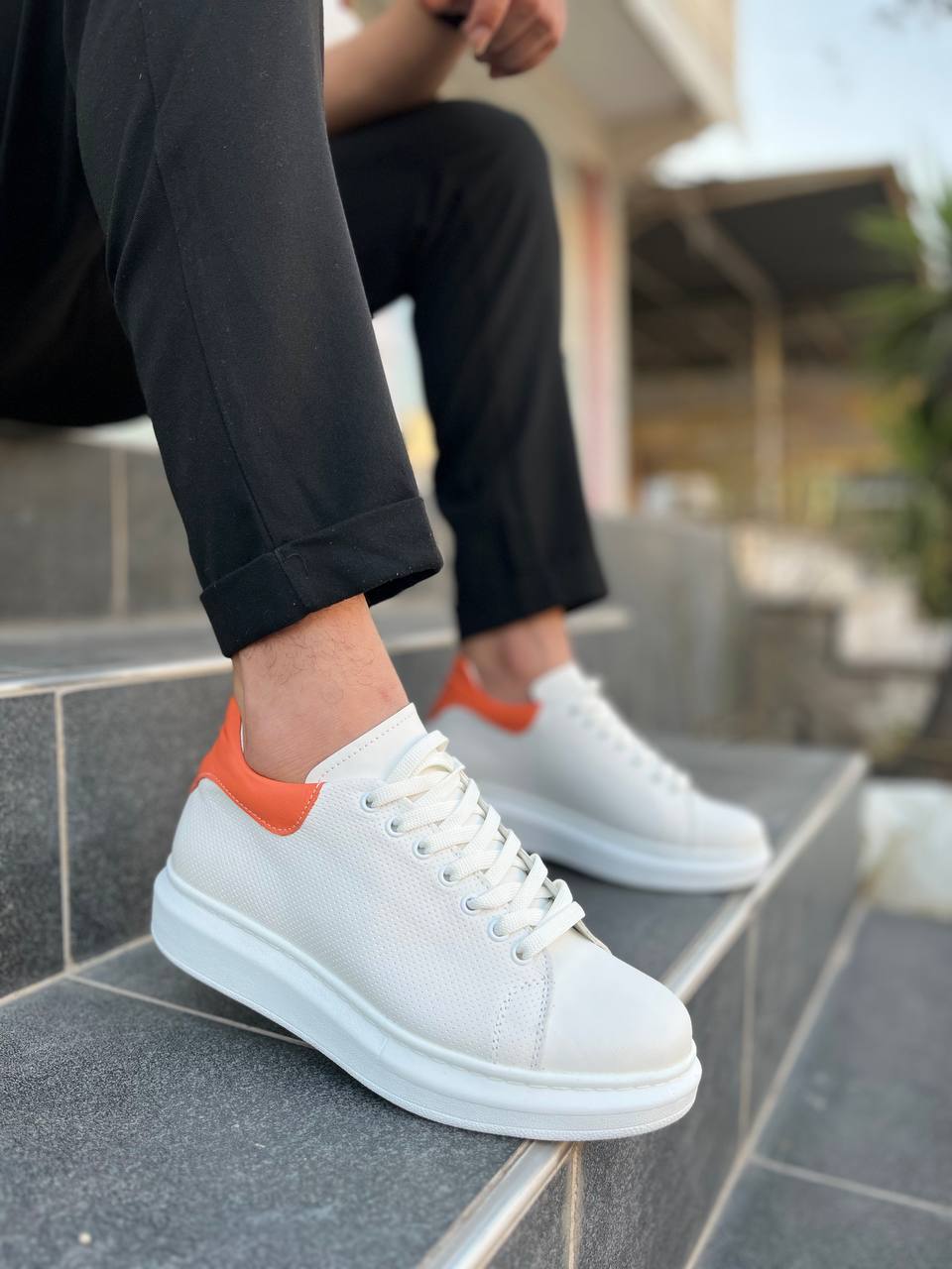 ZRK-DX3 Premium Hakiki Deri Beyaz Turuncu Günlük Erkek Sneaker