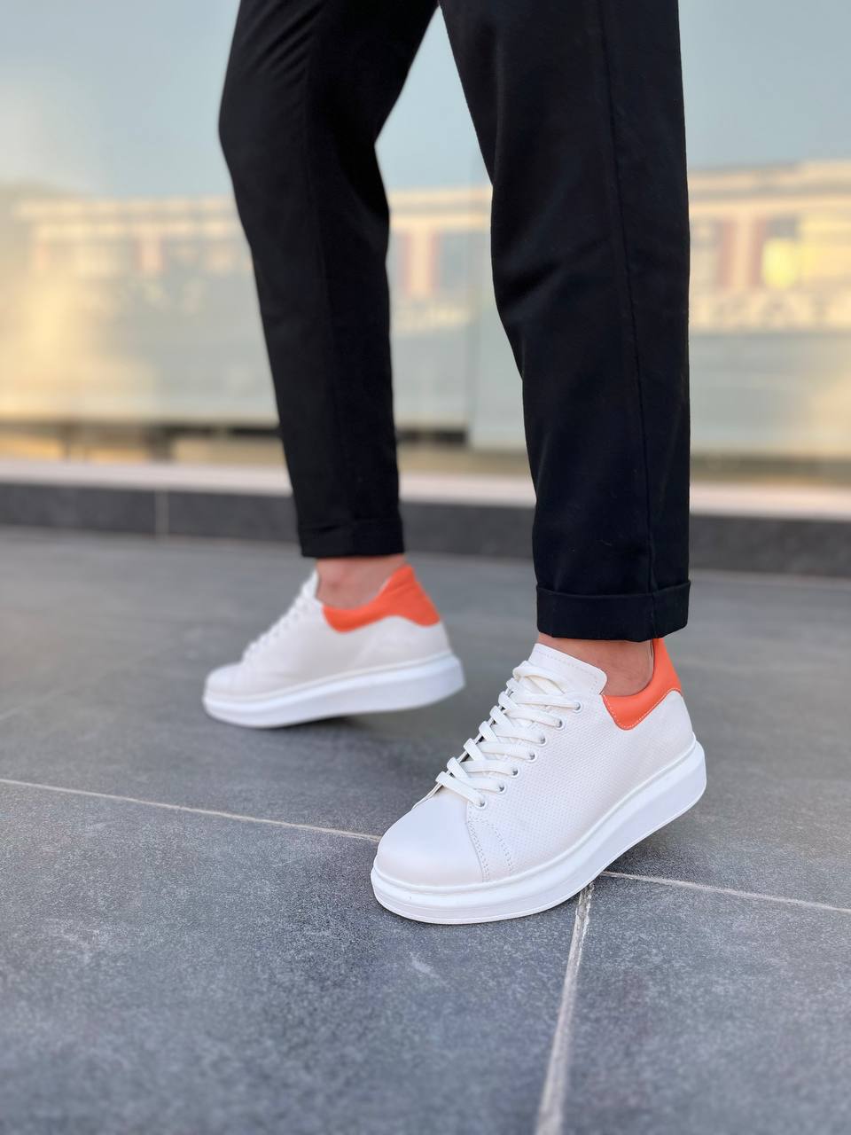 ZRK-DX3 Premium Hakiki Deri Beyaz Turuncu Günlük Erkek Sneaker