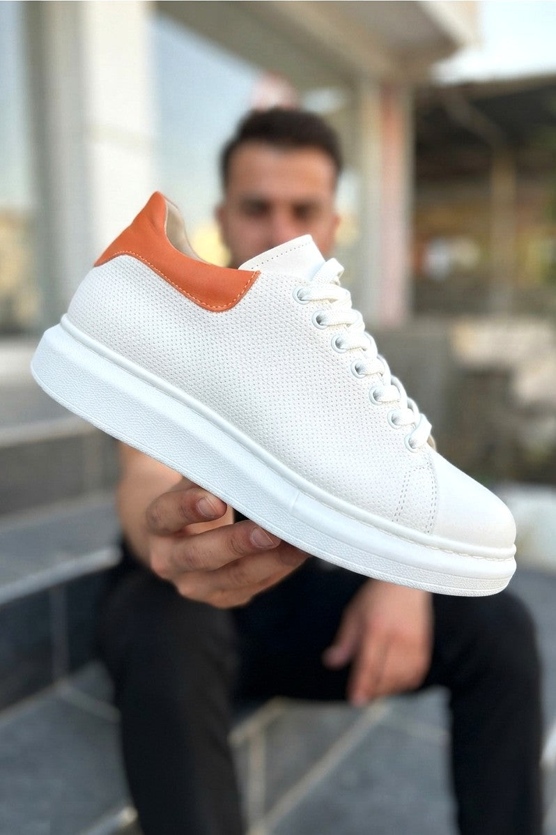 ZRK-DX3 Premium Hakiki Deri Beyaz Turuncu Günlük Erkek Sneaker