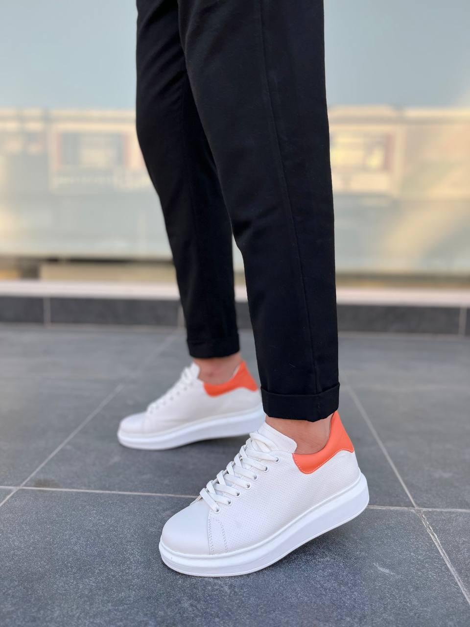 ZRK-DX3 Premium Hakiki Deri Beyaz Turuncu Günlük Erkek Sneaker