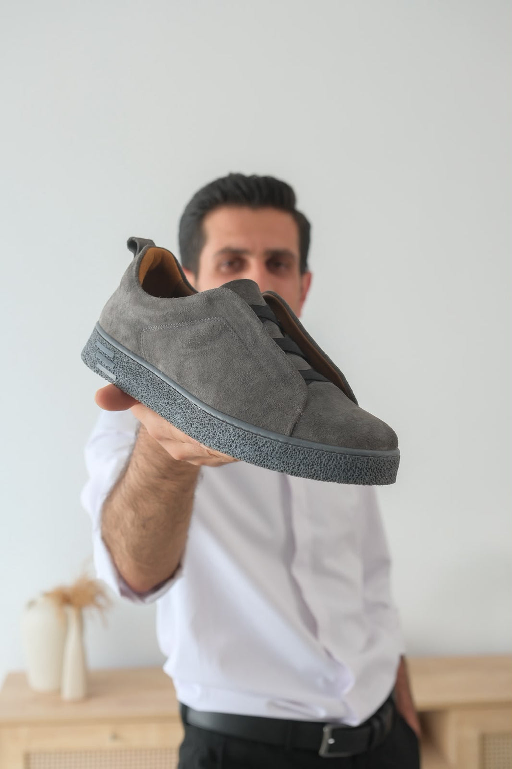 ZRK-E1 Premium Gri Hakiki Deri Bant Detaylı Günlük Erkek Ayakkabı