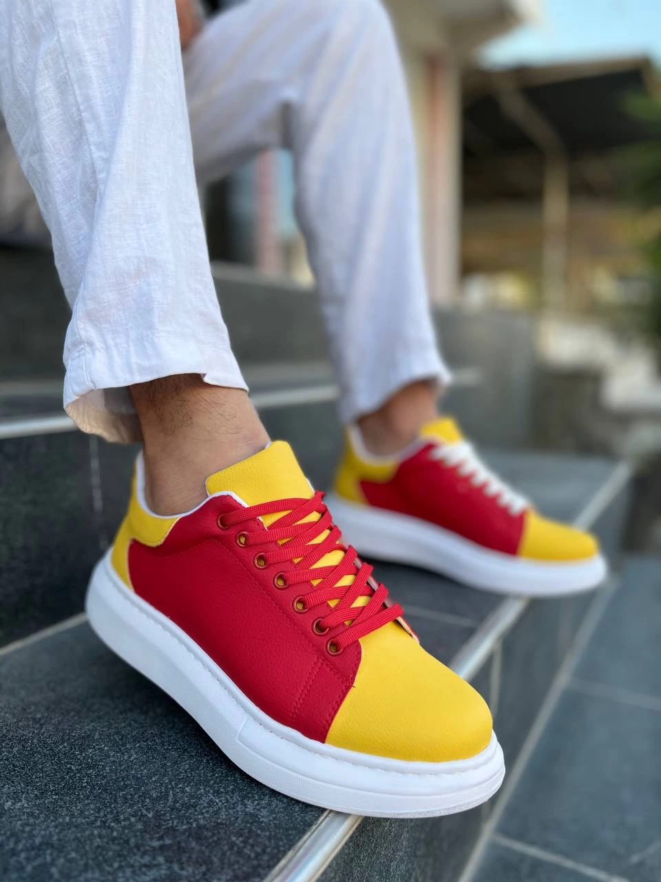 Premium Bağcıklı Günlük Taraftar Erkek Sneaker Sarı Kırmızı
