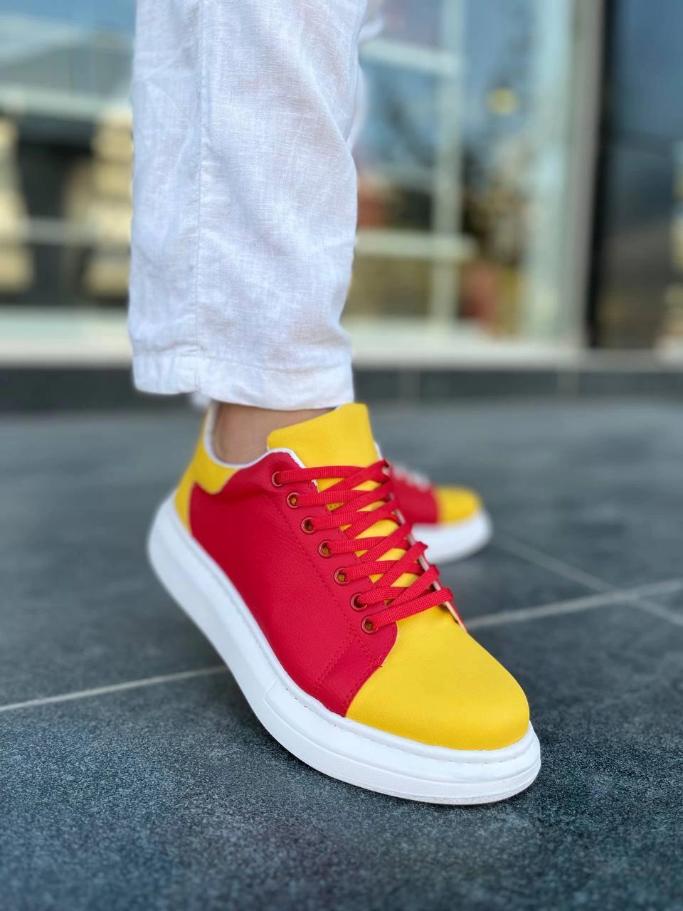 Premium Bağcıklı Günlük Taraftar Erkek Sneaker Sarı Kırmızı