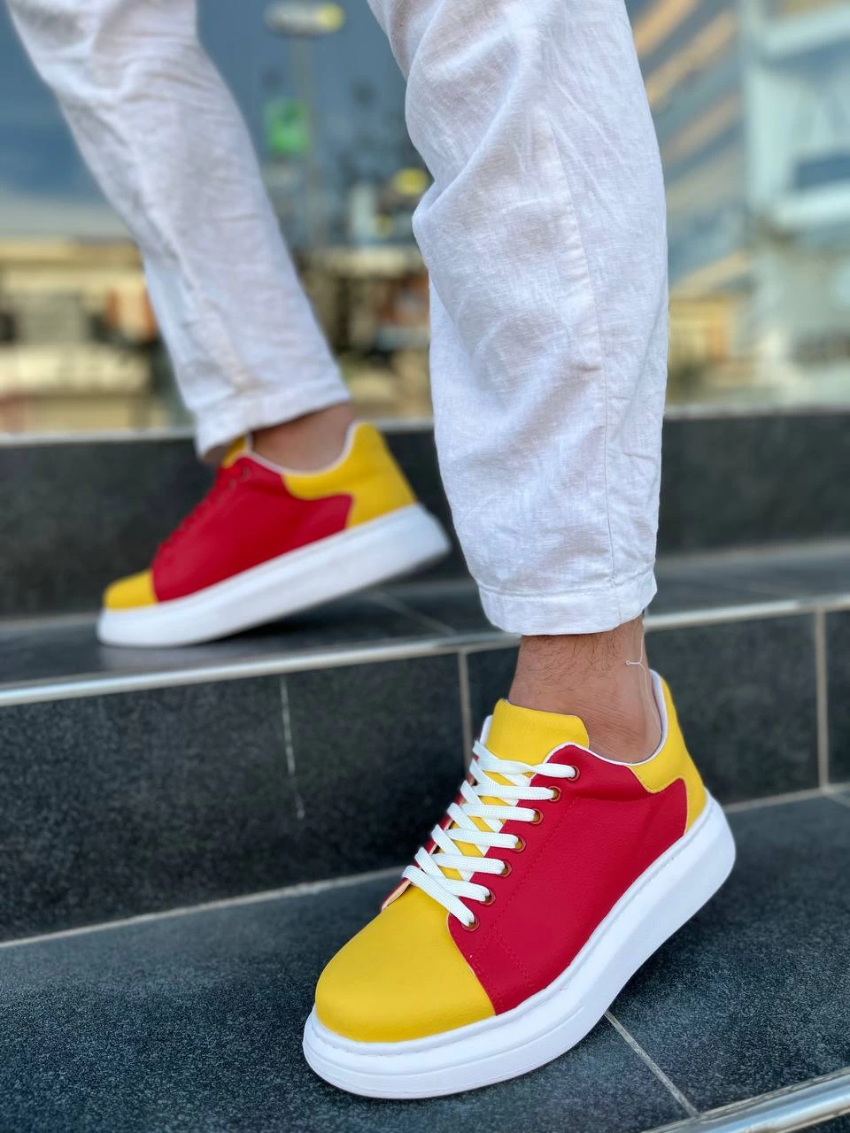 Premium Bağcıklı Günlük Taraftar Erkek Sneaker Sarı Kırmızı