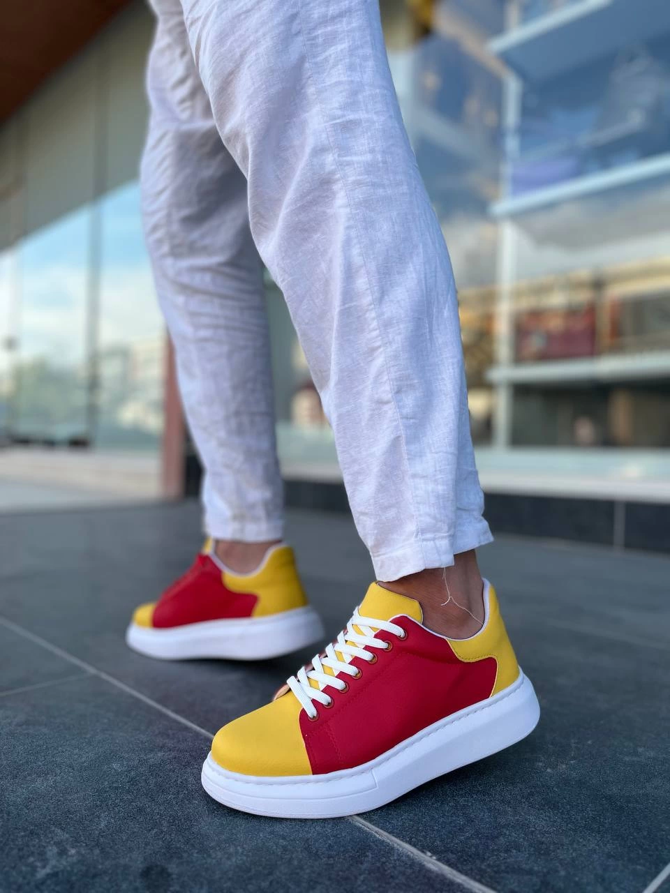 Premium Bağcıklı Günlük Taraftar Erkek Sneaker Sarı Kırmızı