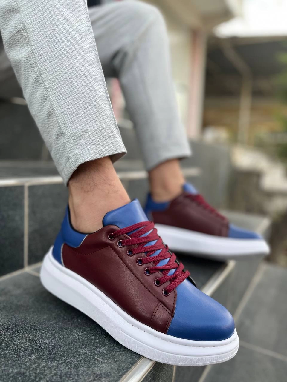 Premium Bağcıklı Günlük Taraftar Erkek Sneaker Bordo Mavi