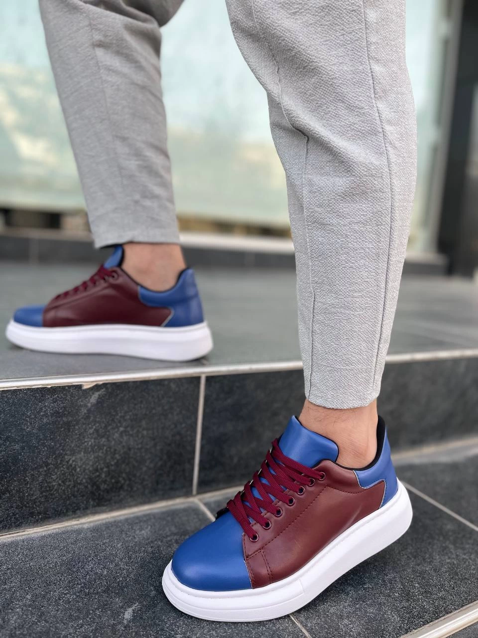 Premium Bağcıklı Günlük Taraftar Erkek Sneaker Bordo Mavi