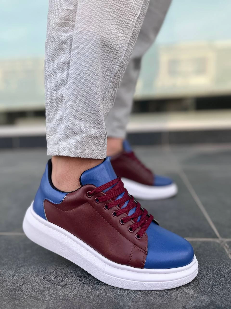 Premium Bağcıklı Günlük Taraftar Erkek Sneaker Bordo Mavi