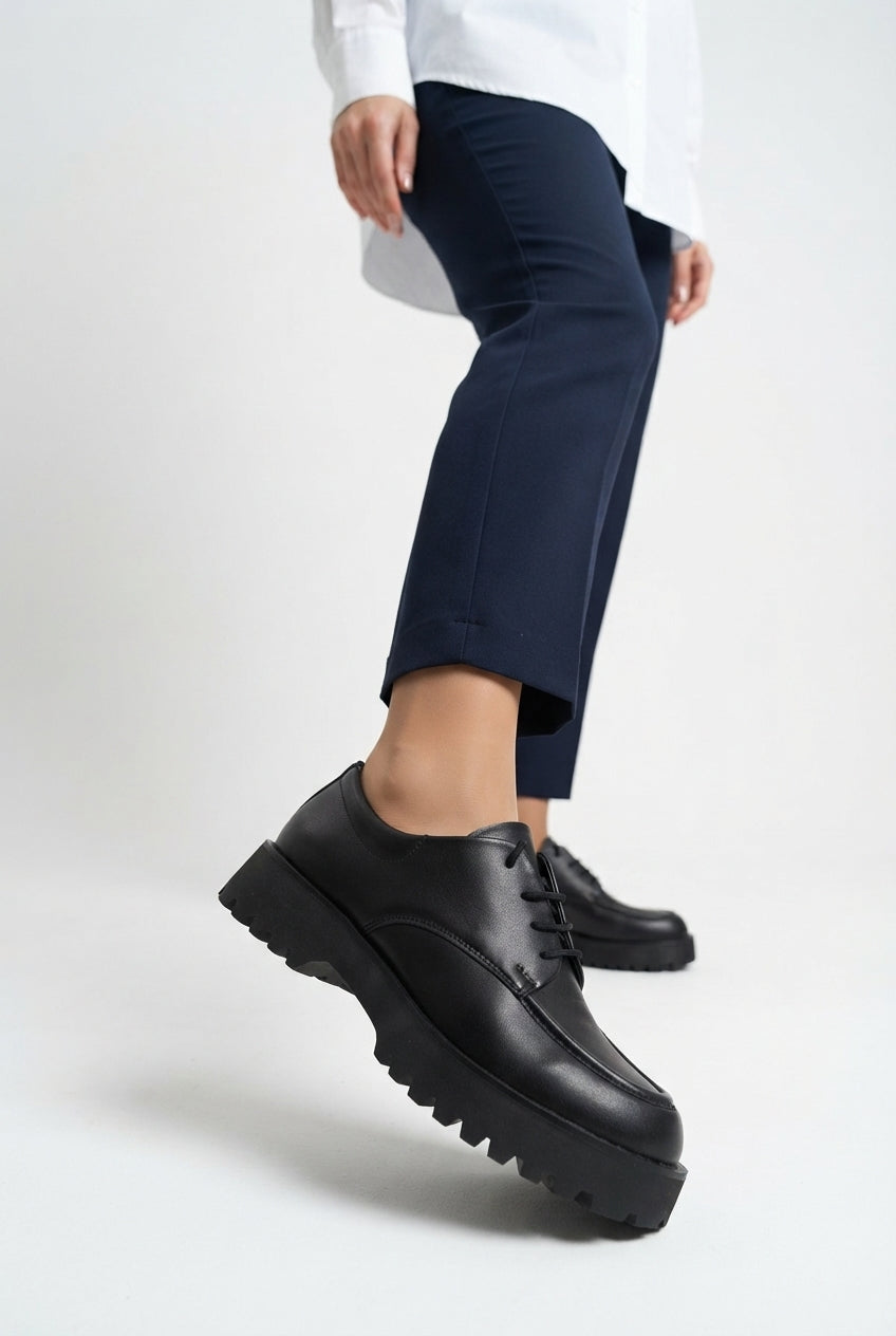 ZRK-XKX6 Premium Kalın Taban Siyah Bağcıklı Günlük Unisex Oxford Ayakkabı