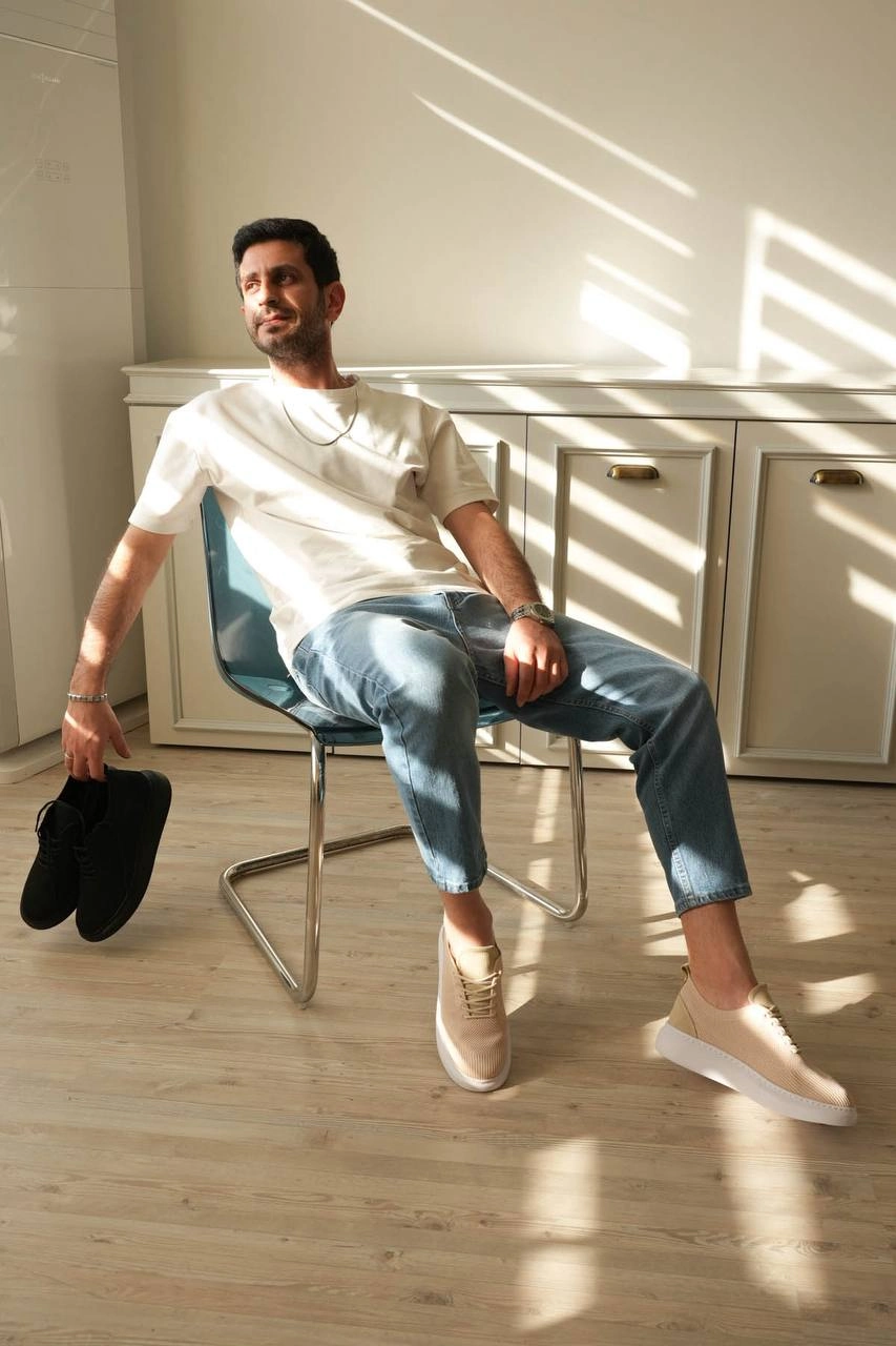 ZRK-M101 Premium Bej Triko Bağcıklı Günlük Erkek Sneaker