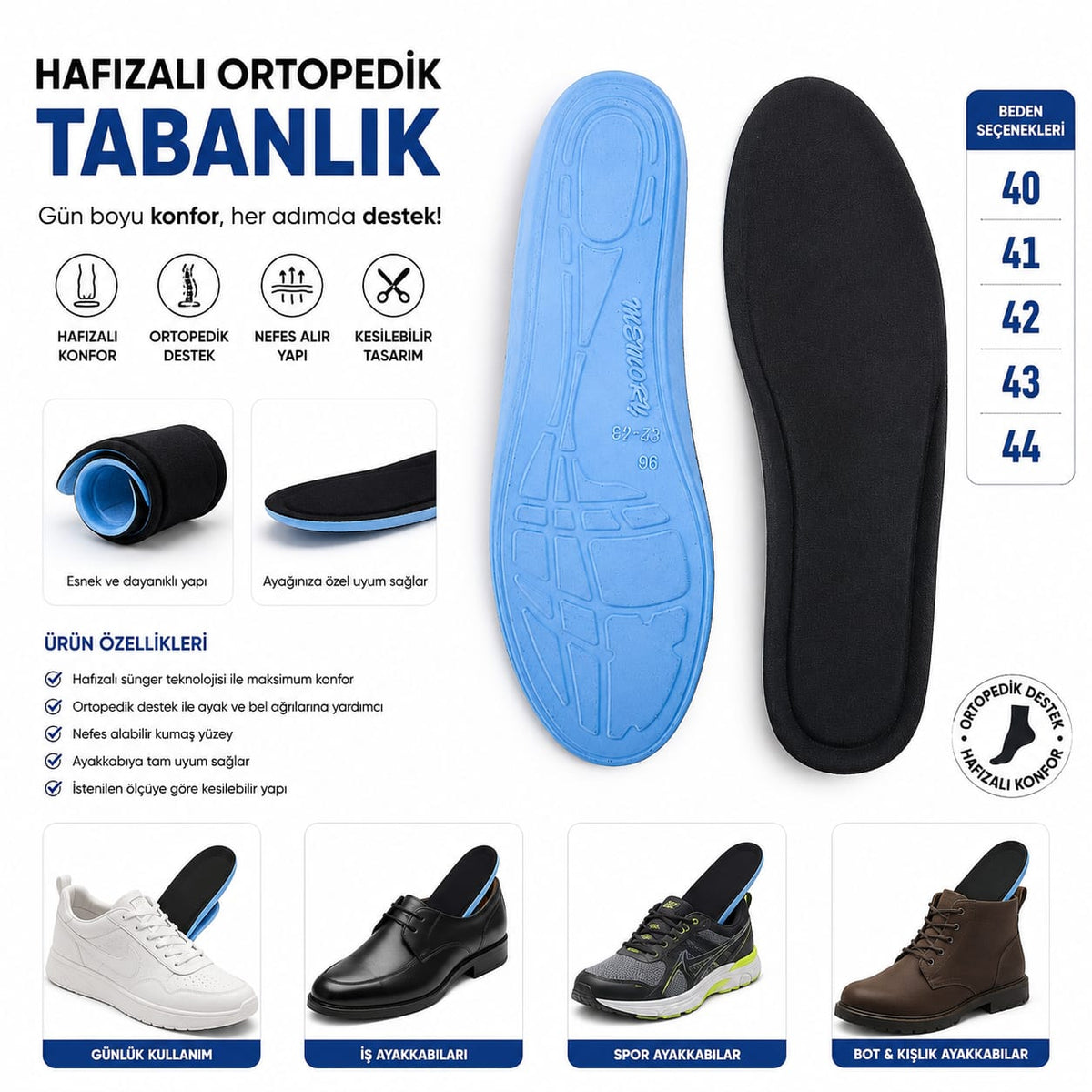 ZRK-TBN Zerenyus Full Ortopedik Hafızalı Tabanlık Siyah
