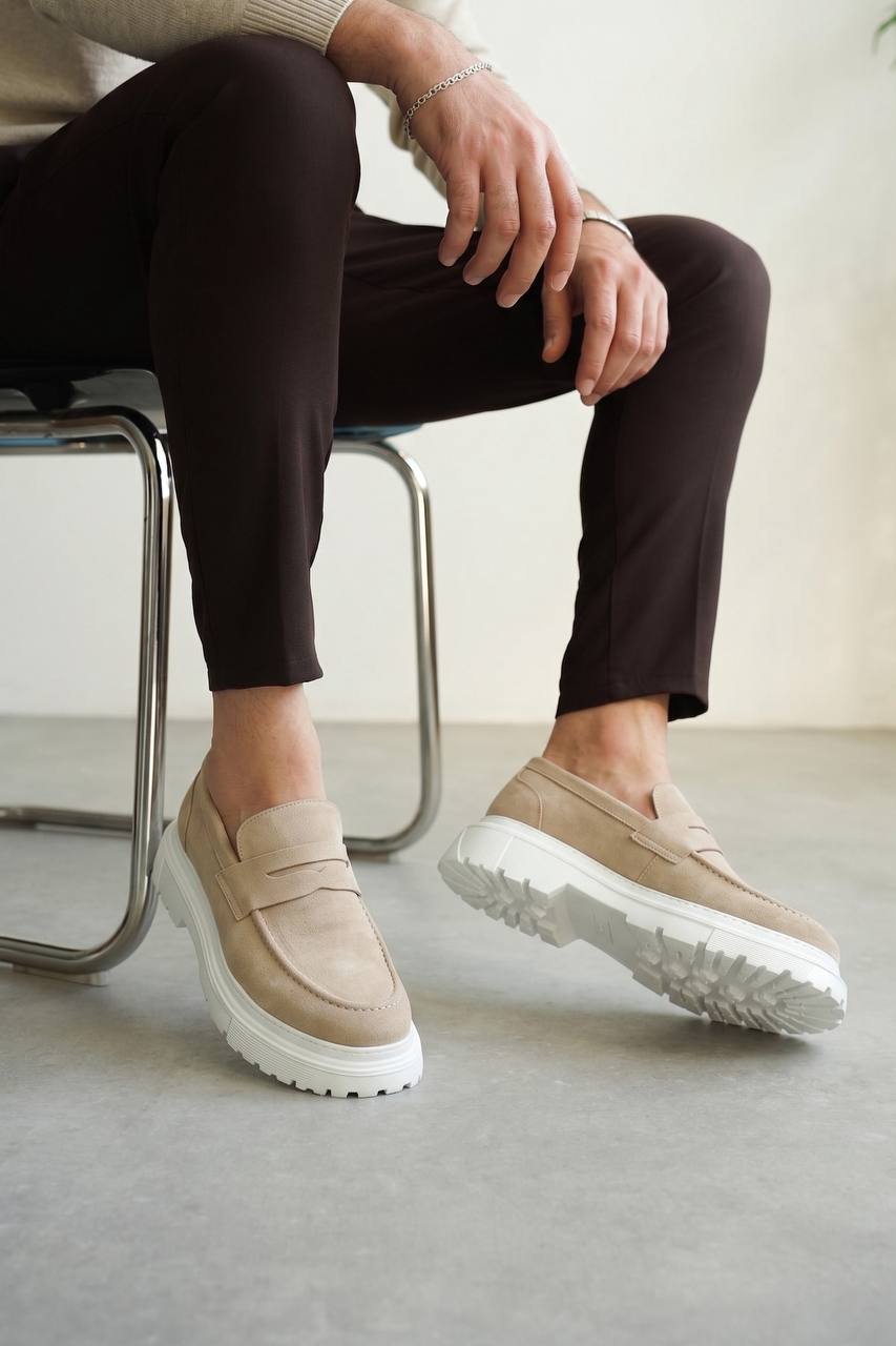 ZRK-X11 Premium Kalın Taban Bağcıksız Bej Süet Erkek Loafer