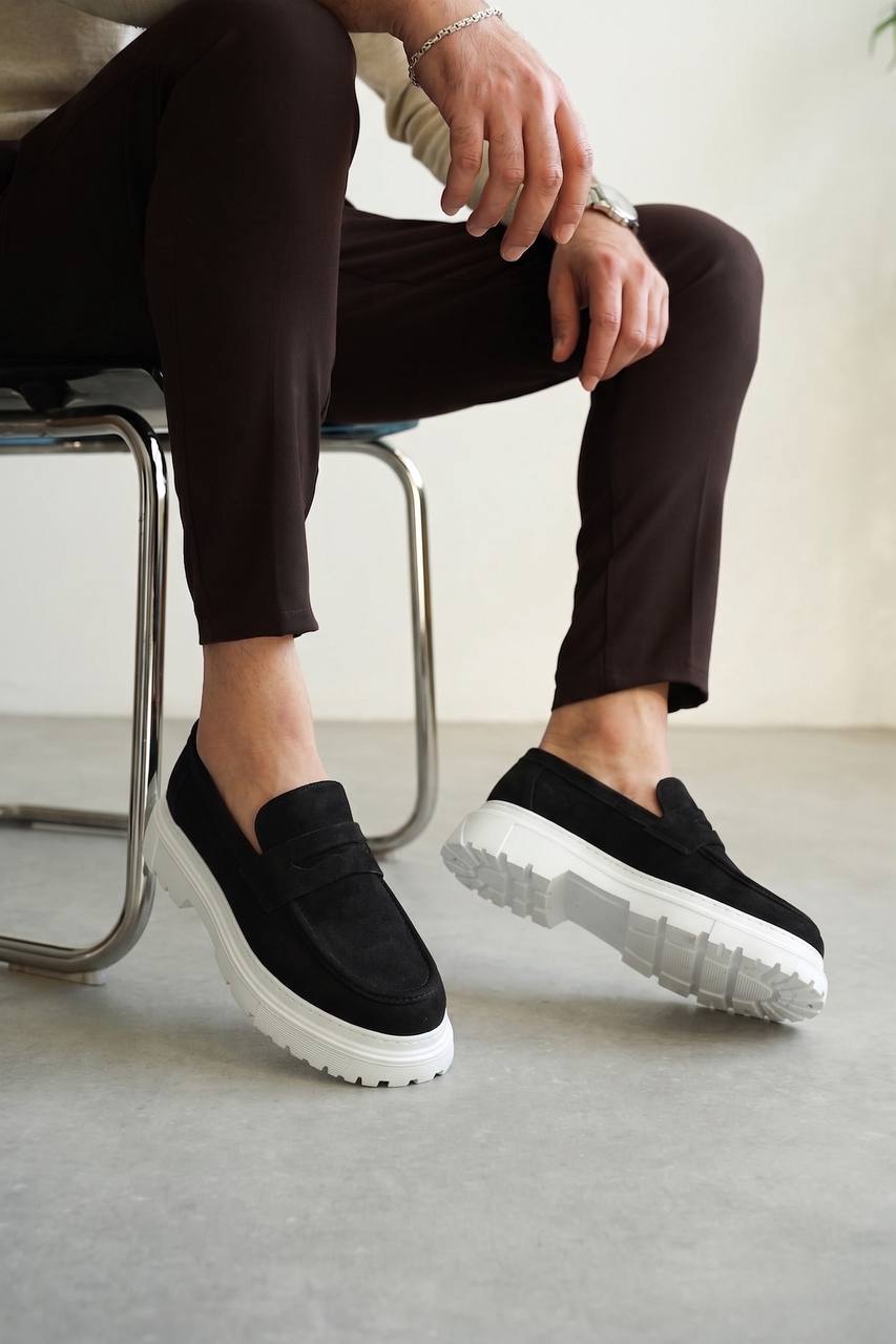 ZRK-X11 Premium Kalın Taban Bağcıksız Siyah Beyaz Süet Erkek Loafer
