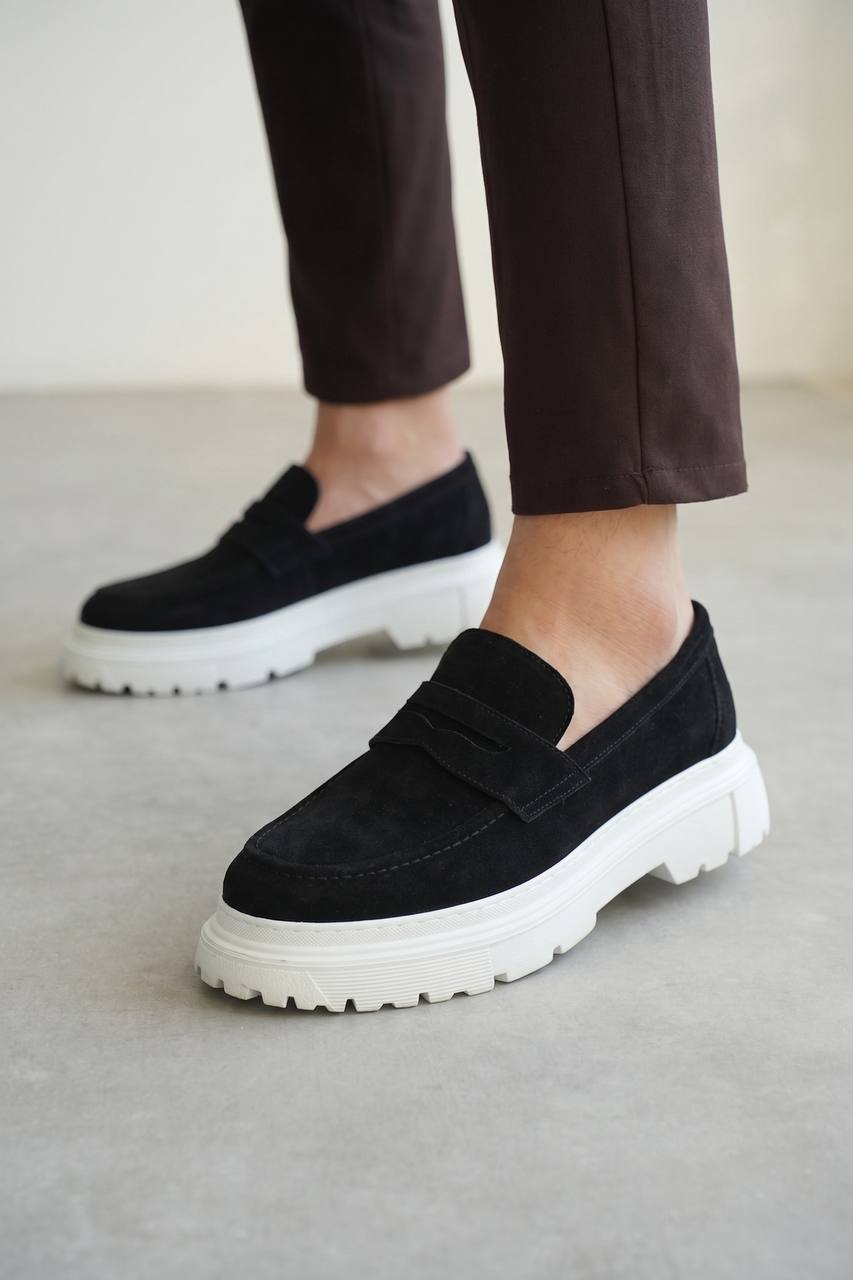 ZRK-X11 Premium Kalın Taban Bağcıksız Siyah Beyaz Süet Erkek Loafer