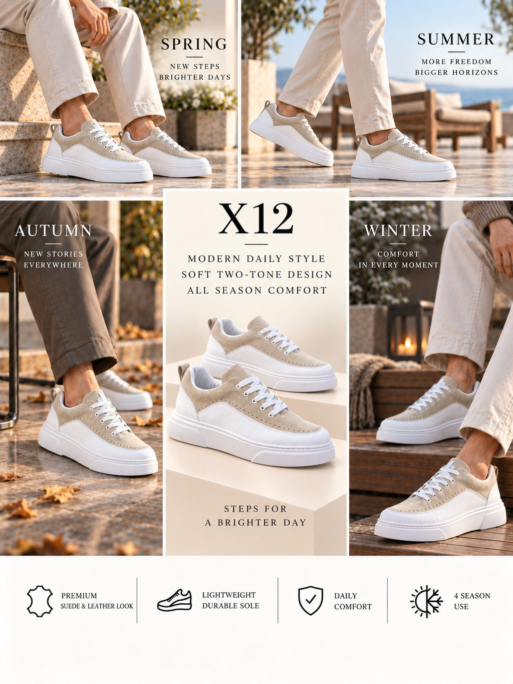 ZRK-X12X Yüksek Kalite Kalın Taban Beyaz Bej Günlük Erkek Sneaker