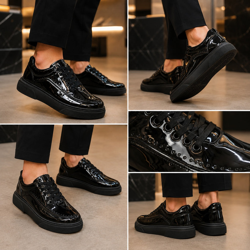 ZRK-X12X Yüksek Kalite Kalın Taban Siyah Rugan Günlük Erkek Sneaker