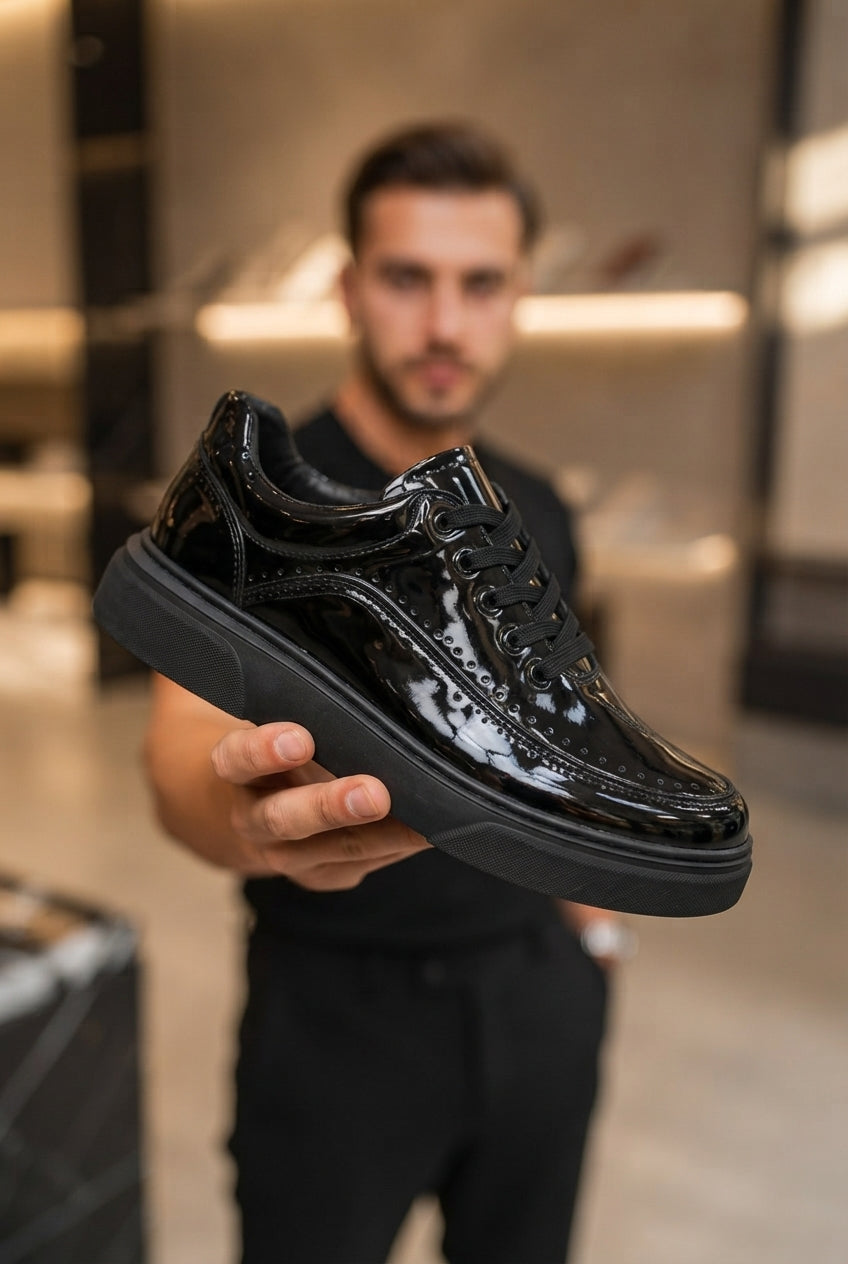 ZRK-X12X Yüksek Kalite Kalın Taban Siyah Rugan Günlük Erkek Sneaker