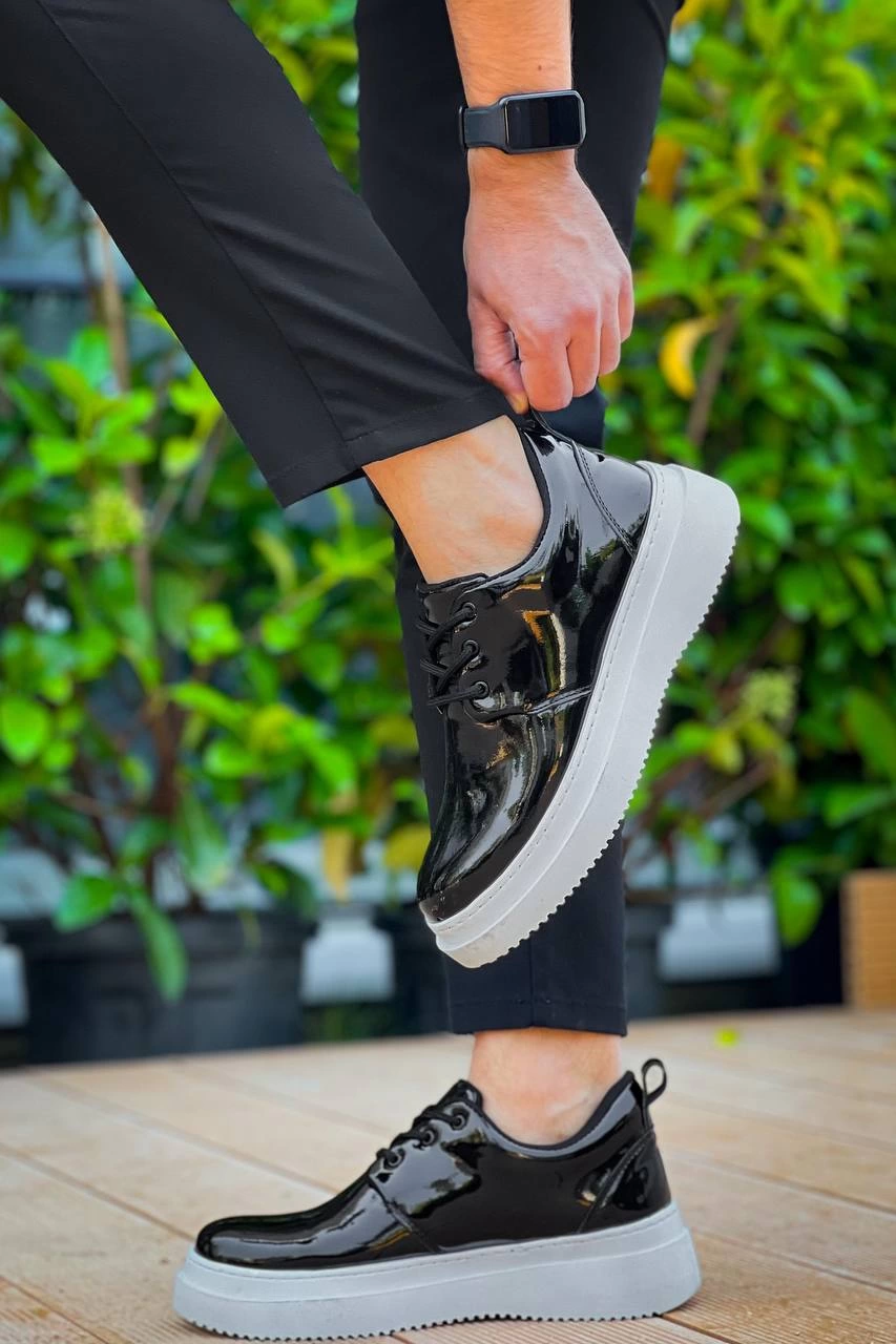 ZR-X3 Siyah Beyaz Rugan Bağcıklı Günlük Erkek Casual Ayakkabı