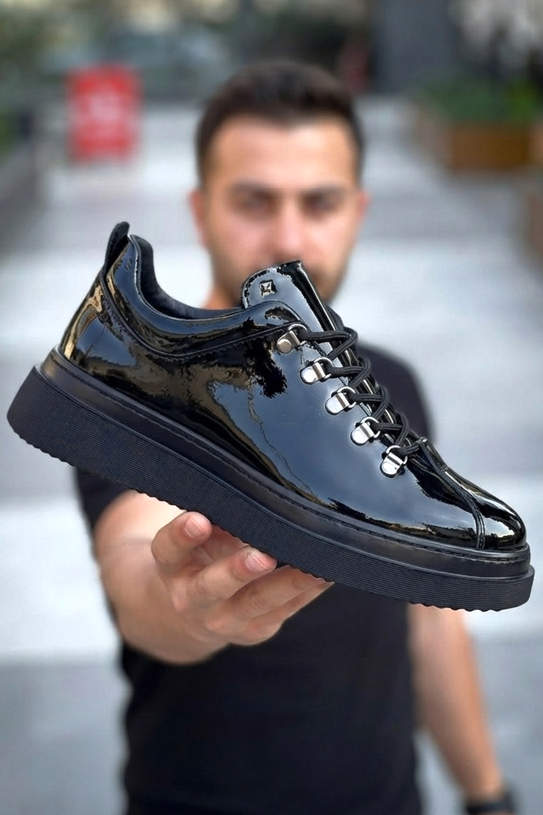 ZRK-X4X Yüksek Kalite Kalın Taban Siyah Rugan Bağcıklı Günlük Erkek Sneakers