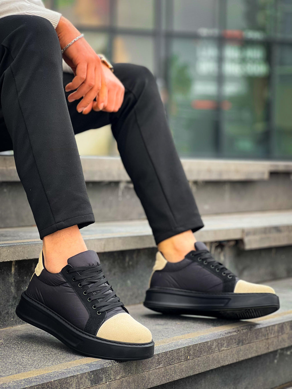 ZRK-X46 Yüksek Kalite Paraşüt Kumaş Siyah Bej Yüksek Taban Sneakers