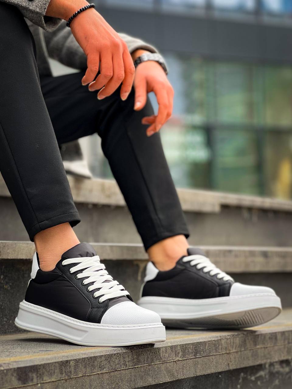ZRK-X46 Yüksek Kalite Paraşüt Kumaş Siyah Beyaz Yüksek Taban Sneakers
