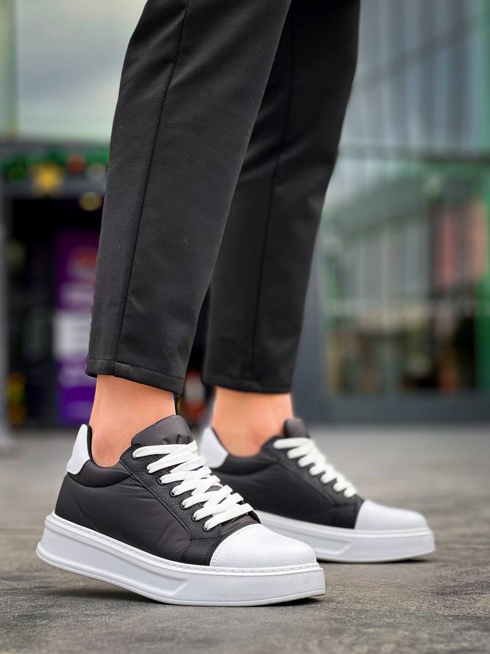 ZRK-X46 Yüksek Kalite Paraşüt Kumaş Siyah Beyaz Yüksek Taban Sneakers