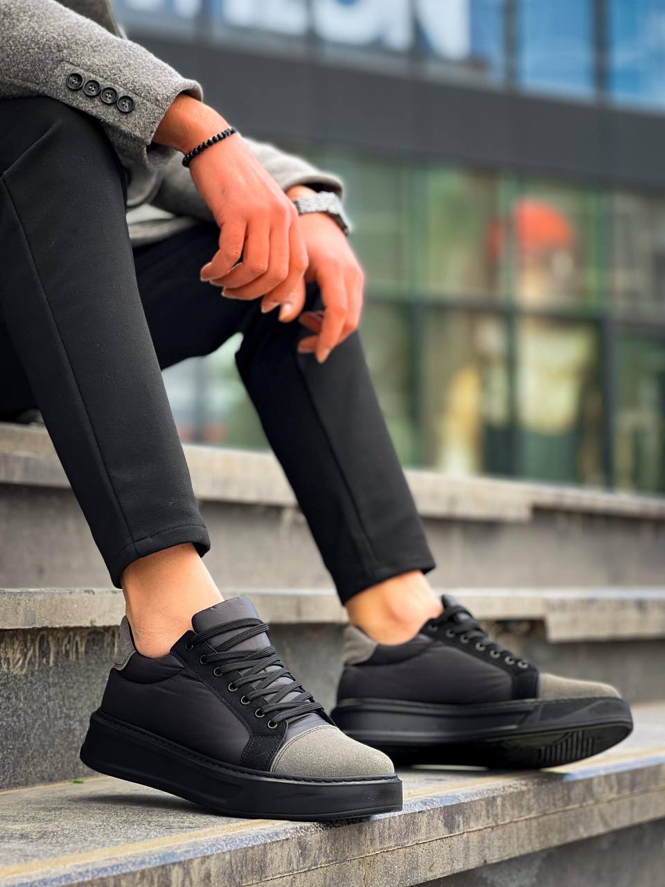 ZRK-X46 Yüksek Kalite Paraşüt Kumaş Siyah Gri Yüksek Taban Sneakers
