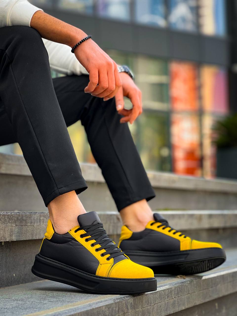 ZRK-X46 Yüksek Kalite Paraşüt Kumaş Siyah Sarı Yüksek Taban Sneakers