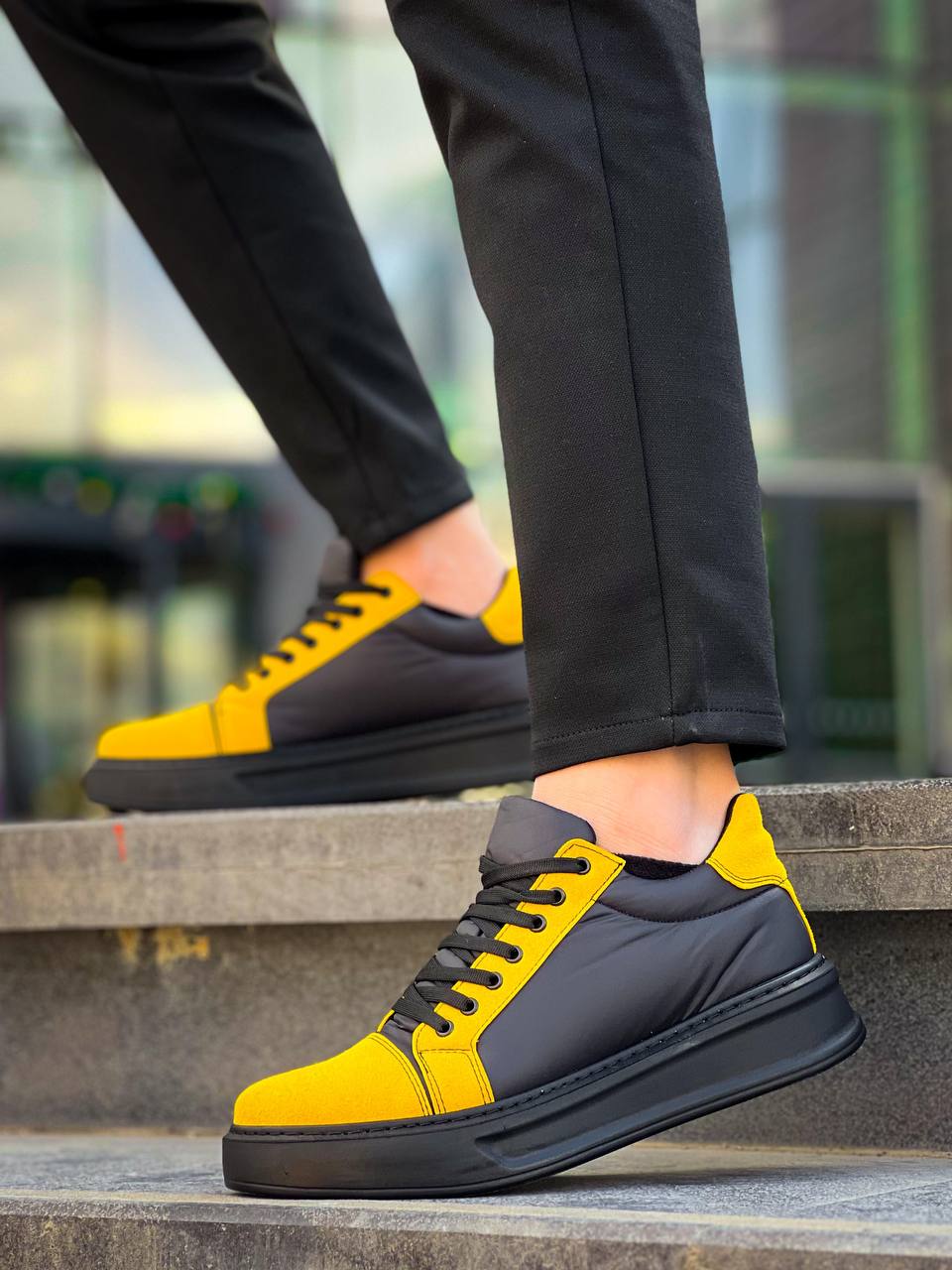 ZRK-X46 Yüksek Kalite Paraşüt Kumaş Siyah Sarı Yüksek Taban Sneakers