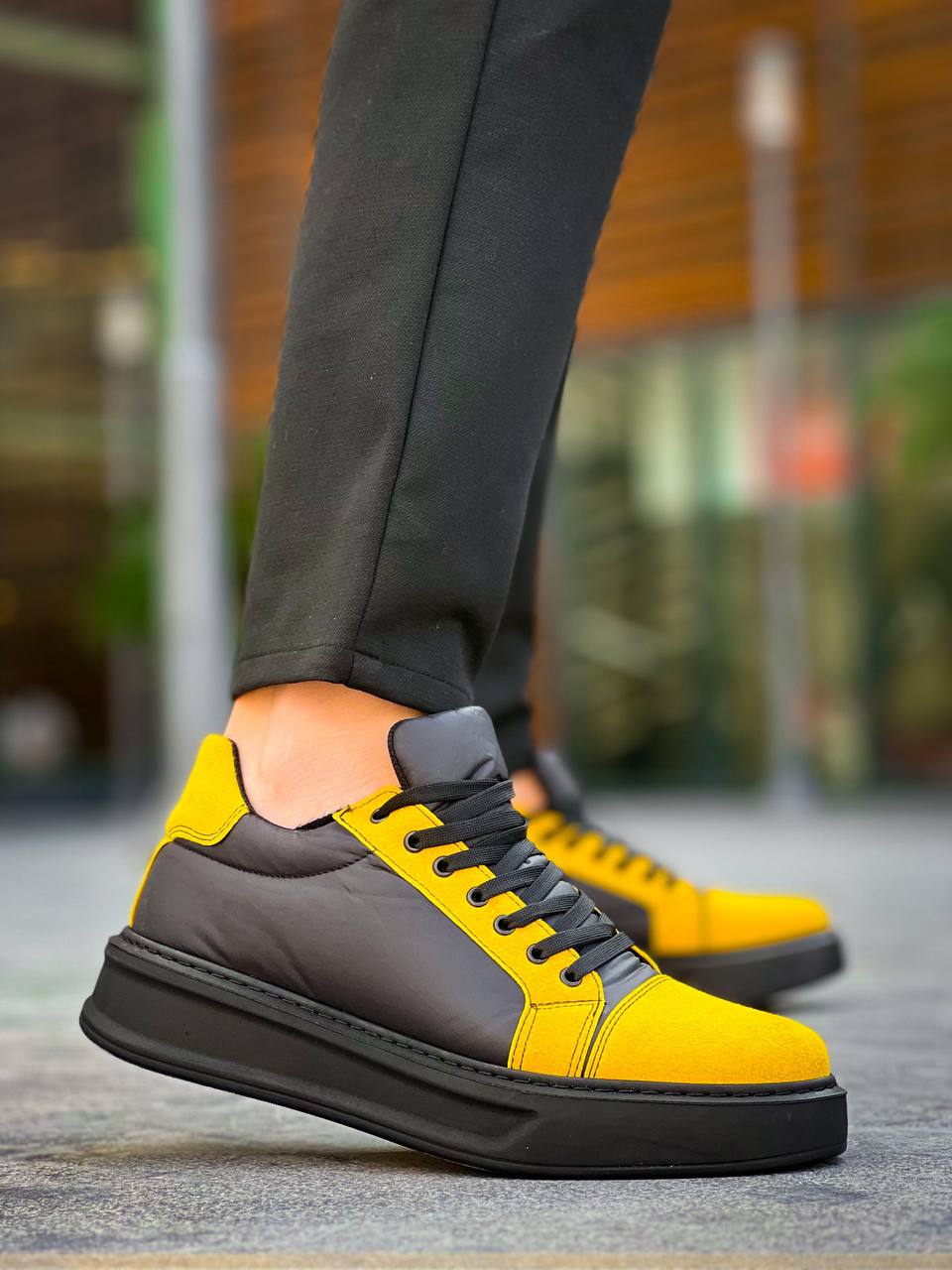 ZRK-X46 Yüksek Kalite Paraşüt Kumaş Siyah Sarı Yüksek Taban Sneakers