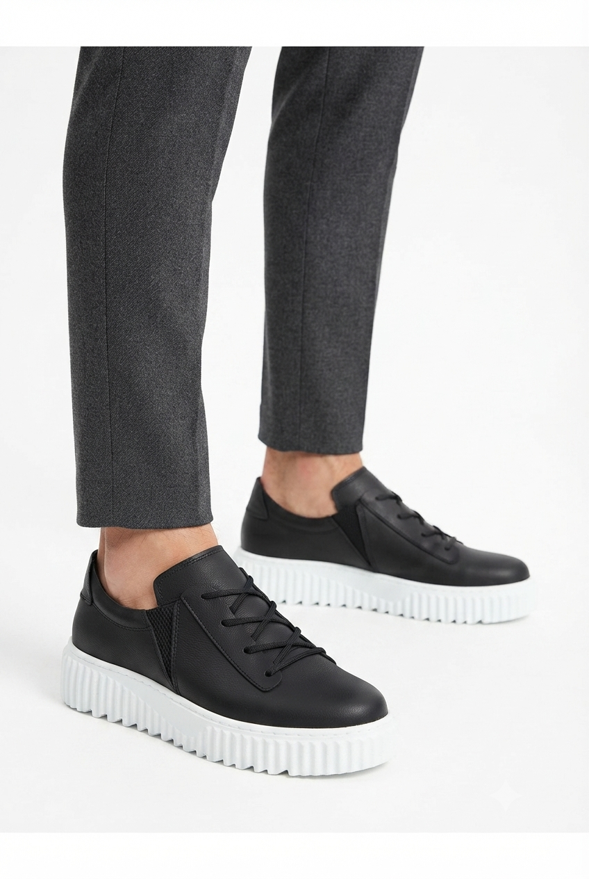 ZRK-502 Yüksek Kalite Kalın Taban Siyah Beyaz Lastikli Erkek Sneaker