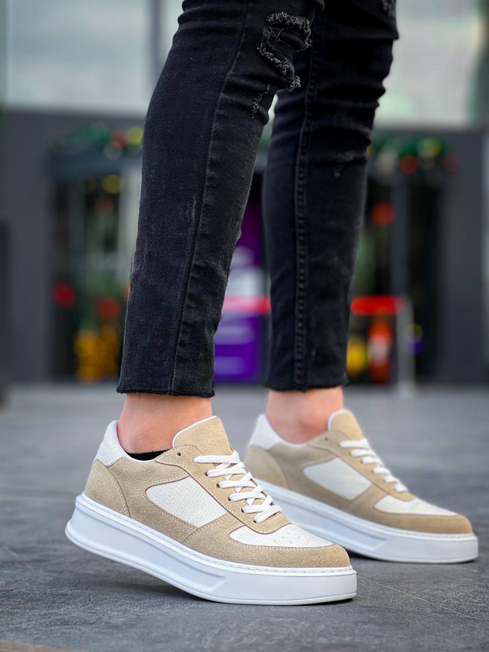 ZRK-X8 Yüksek Kalite Kalın Taban Bej Keten Süet Günlük Erkek Sneaker