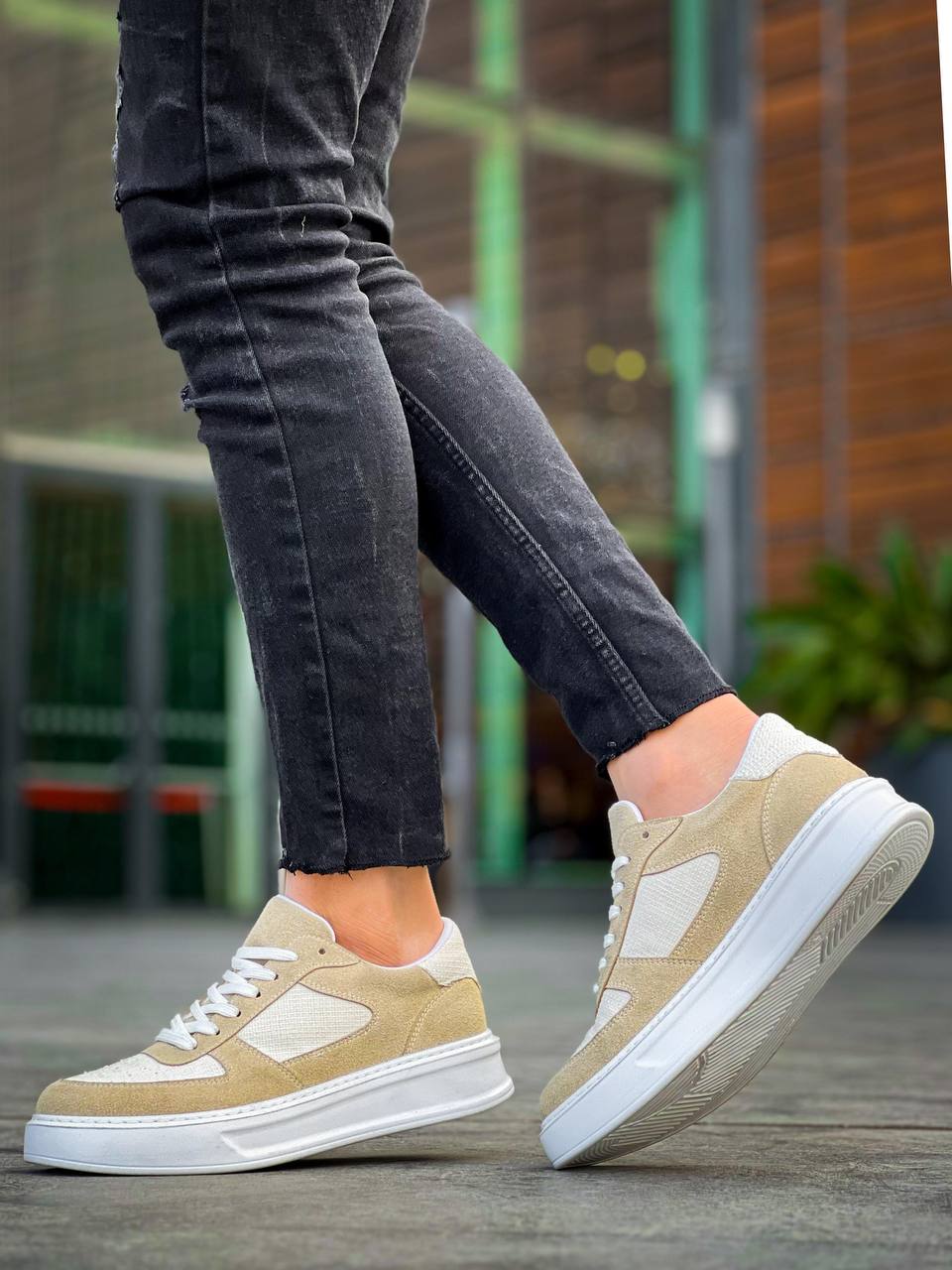 ZRK-X8 Yüksek Kalite Kalın Taban Bej Keten Süet Günlük Erkek Sneaker